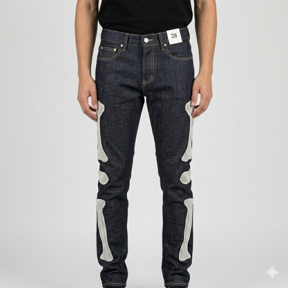 mnml Skeleton Bone Patch Raw Denim Jeans Mens 28 Indigo Blue Skinny NWT